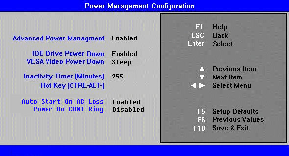 Advanced Power Management Menu - Click to return to previous screen.