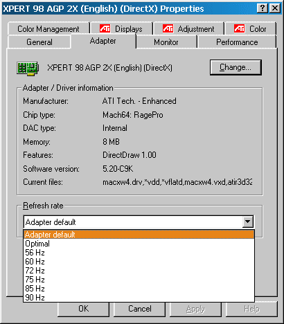 ATI Xpert 98 AGP 2x Display Properties - Adapter