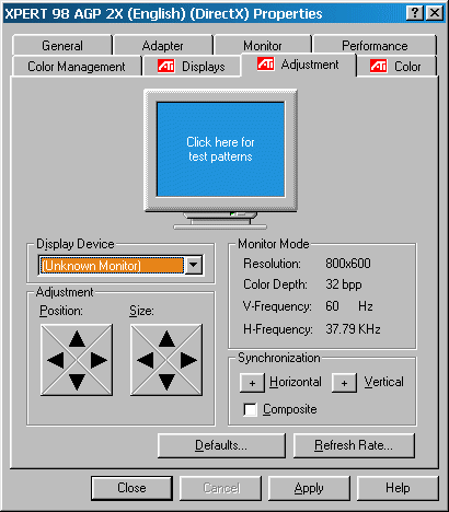 ATI Xpert 98 AGP 2x Display Properties