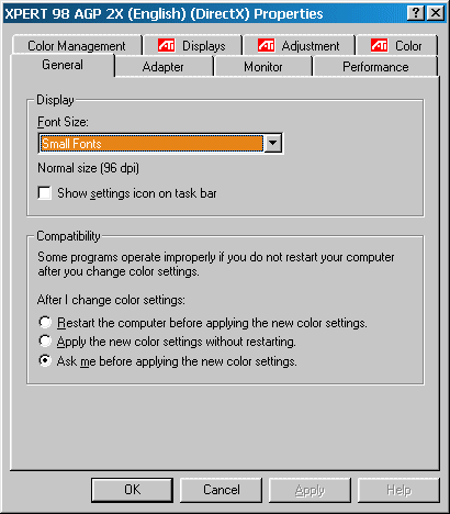 ATI Xpert 98 AGP 2x Display Properties - General