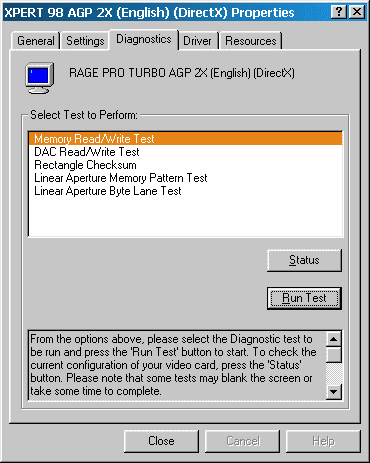 ATI Xpert 98 AGP 2x Diagnostics