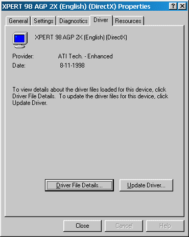 ATI Xpert 98 AGP 2x Driver Properties