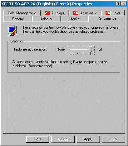 ATI Xpert 98 AGP 2x Display Properties - Performance