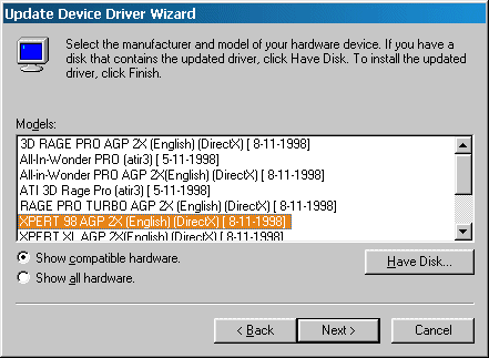 ATI Xpert 98 AGP 2x Driver Update Screen