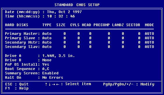 Standard CMOS Setup Menu.  Click on this graphic to return to previous screen.