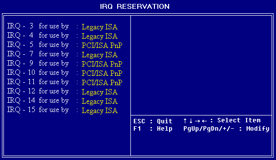 810 Setup PCI IRQ Reservation Screen.  Click on graphic to return to previous screen.