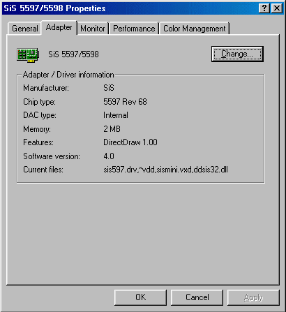 SiS 5598 Display Properties - Adapter