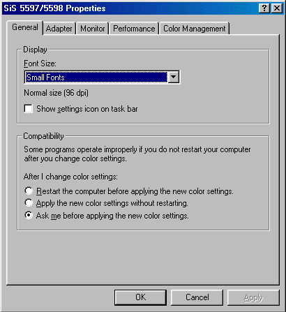 SiS 5598 Display Properties - General