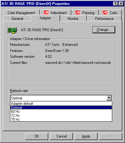 ATI RAGE PRO Display Properties - Adapter