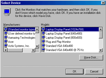 ATI RAGE PRO Display Properties - Change Monitor